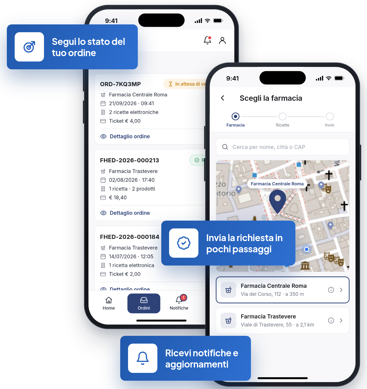 App FHED: l'elenco ordini di Giovanni con lo stato di ciascuno e la scelta della farmacia sulla mappa per una nuova richiesta