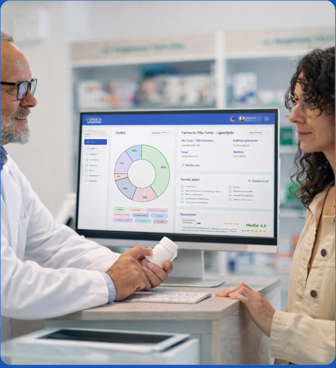 Farmacista e utente al banco, con la dashboard FHED sullo schermo