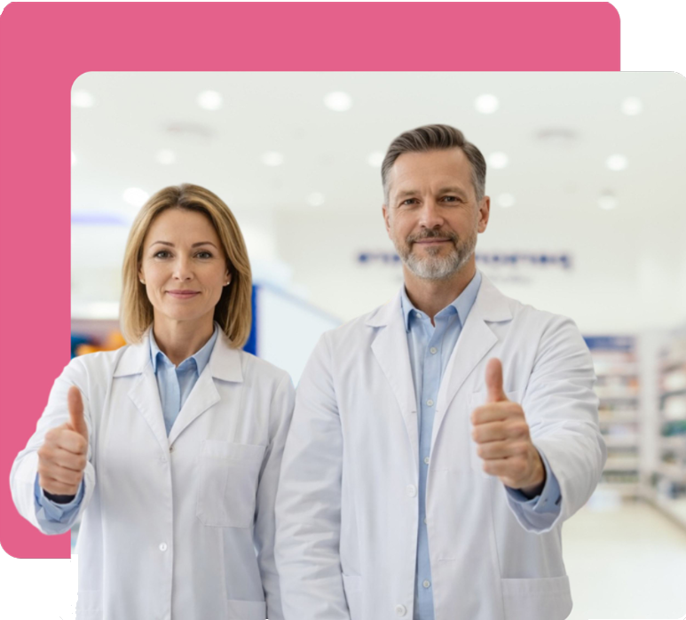 Due farmacisti sorridenti nella loro farmacia